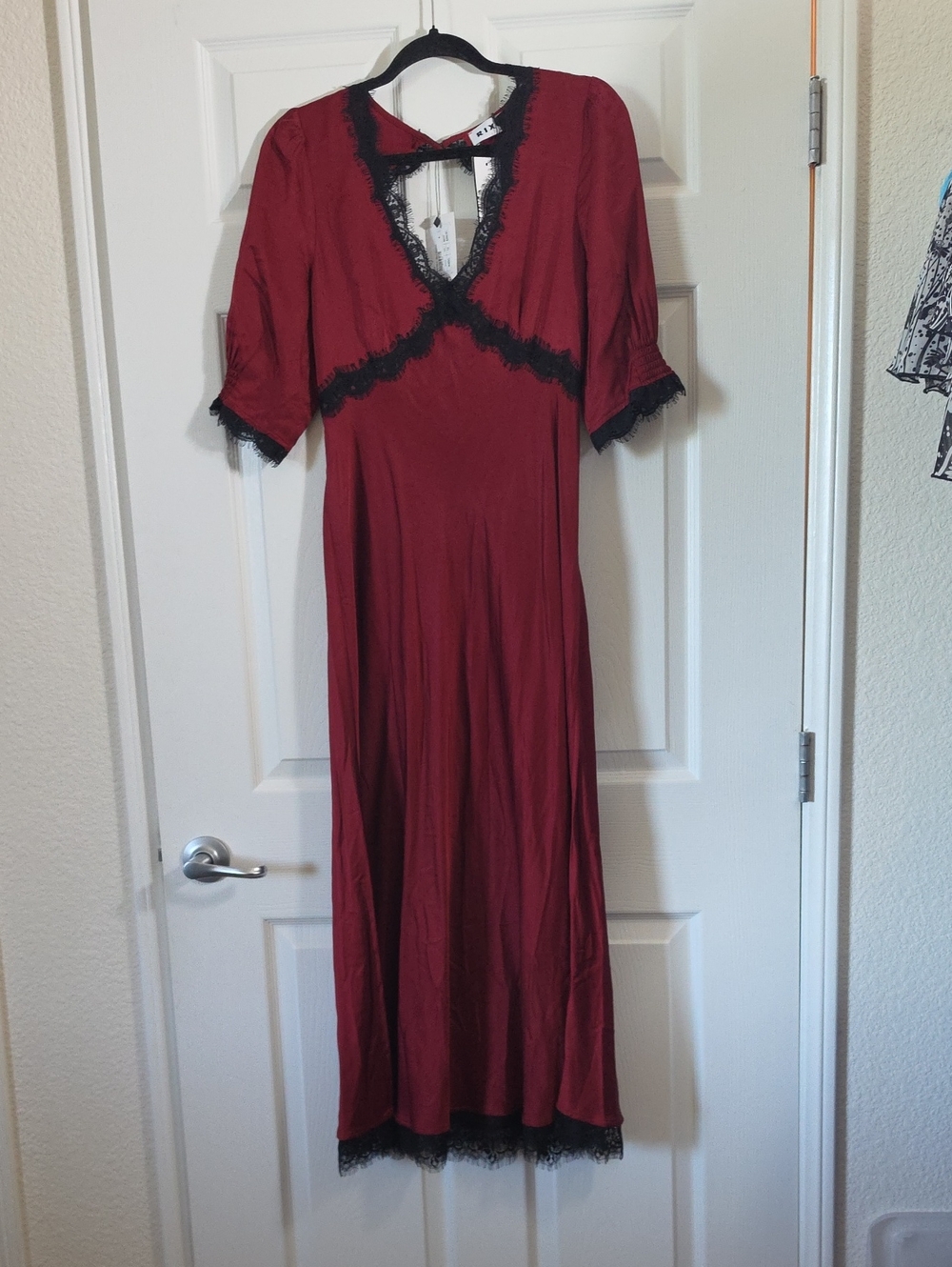 RIXO Burgundy Maxi Dress with Black Lace Trim